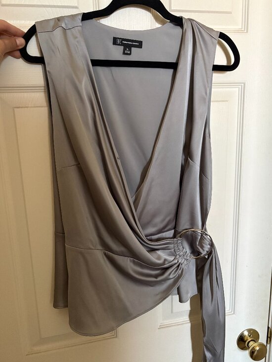 INC International Concepts Tops - INC Sleeveless Wrap-style Blouse in a Metallic Silver Satin (XL)